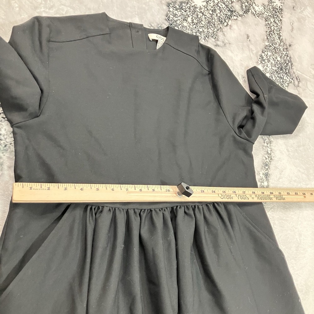 COS Black Gathered Waist Midi Dress 3/4 Sleeve Minimalist A-Line Women's US 4 - Picture 5 of 14